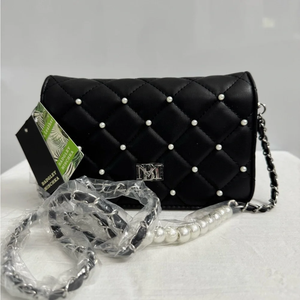 Brand New Badgley Mischka Crossbody Quilted Bag with Pearls